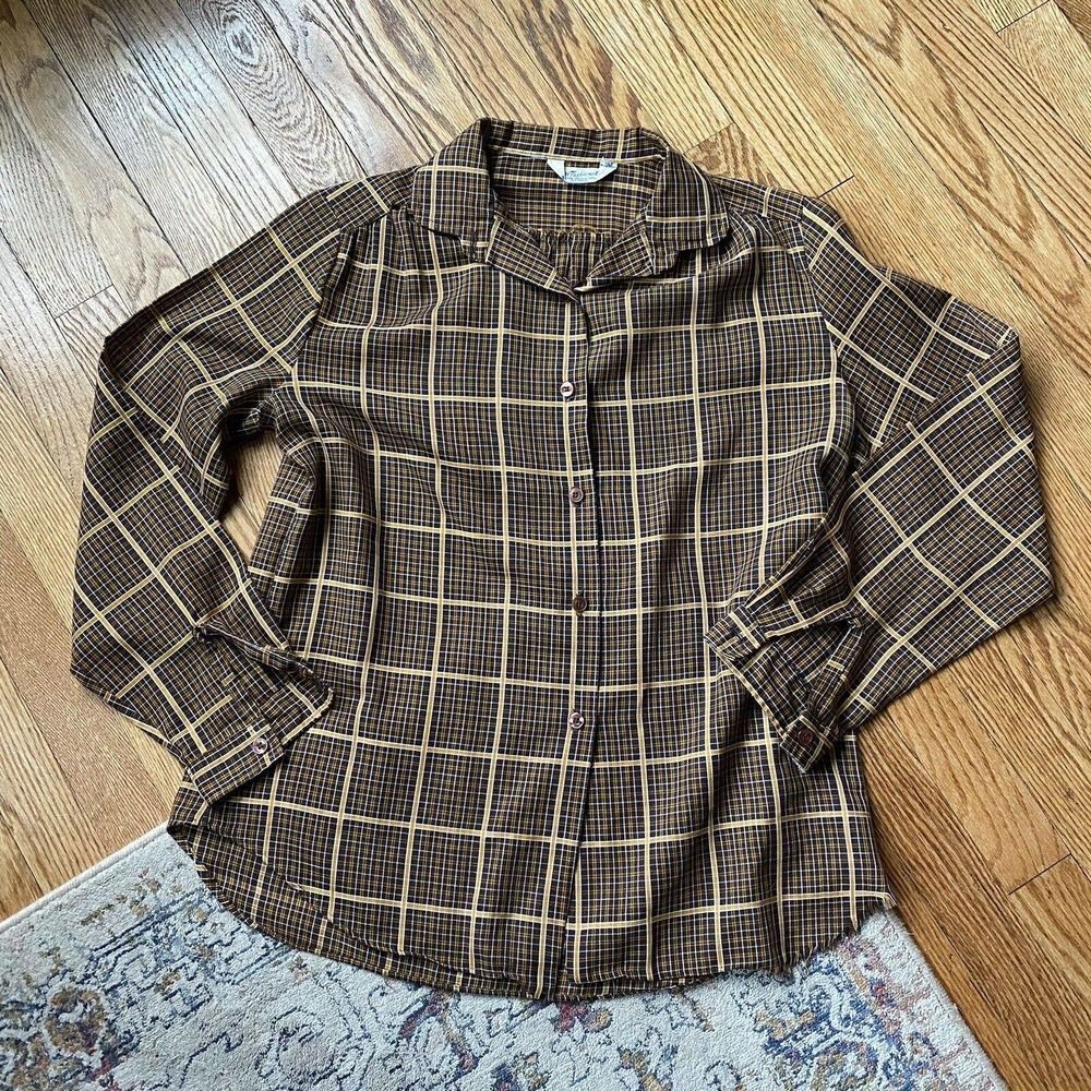 Vtg 70s Blouse Sz 13/14 Tan Brown Plaid Button Cottagecore Prairie Repaired